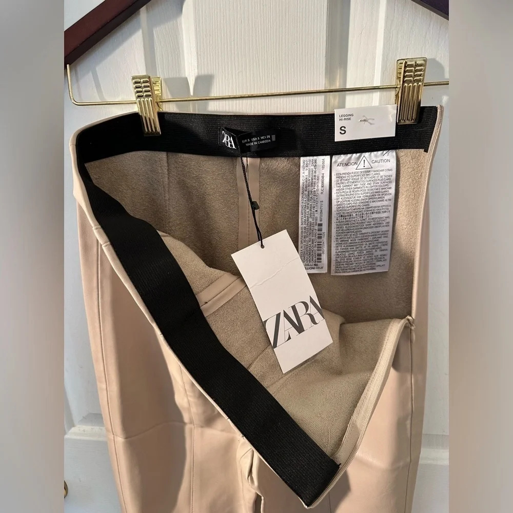 ZARA NWT Hi Rise Legging Faux Leather SMALL Side Zip Elastic Waist Pull On Camel - Picture 9 of 13